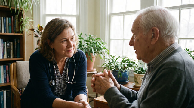 Doctor Listening Carefully to Elderly Patient in Clinic