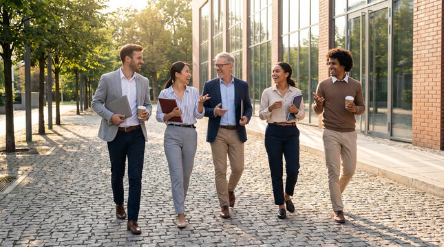 Business Team Walking Outdoors After Meeting
