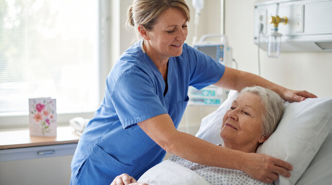 Healthcare Worker Adjusting Patient's Pillow in Hospital Bed