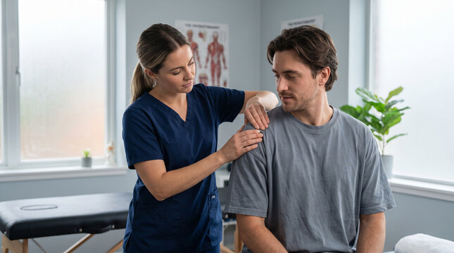 Physiotherapist Massaging Patient's Shoulder in Clinic