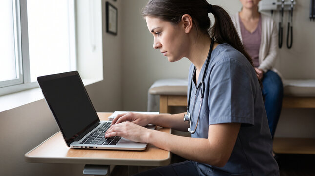 Young Doctor Typing Notes on Laptop During Patient Visit