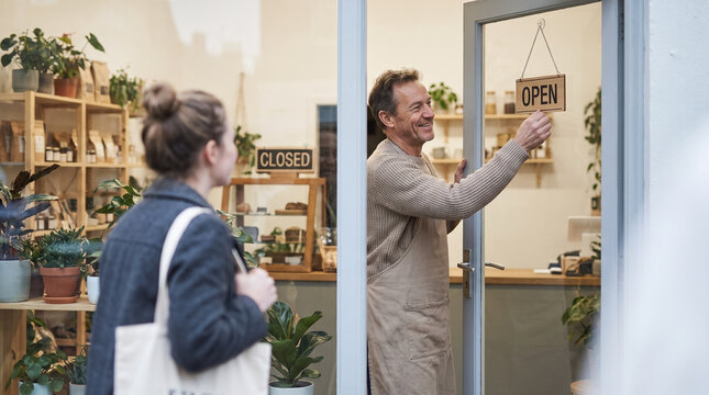 Shop Owner Flipping Open Sign-Free Door