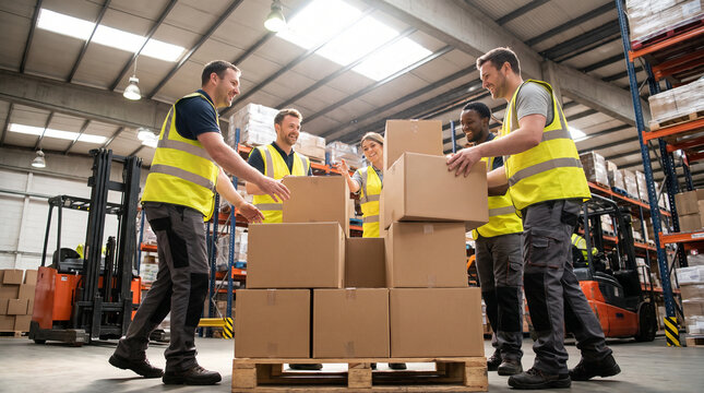 Warehouse Team Loading Plain Boxes onto Pallet