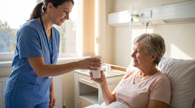 Nurse Handing Paper Cup of Water to Patient