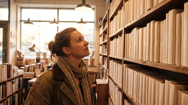 Woman Browsing Bookshelves in Quiet Bookshop