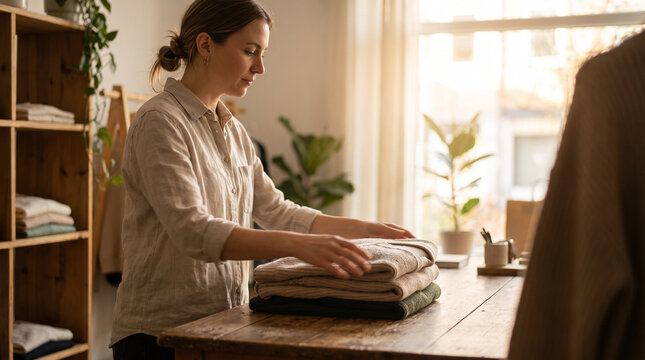 Shop Assistant Folding Clothes on Plain Table