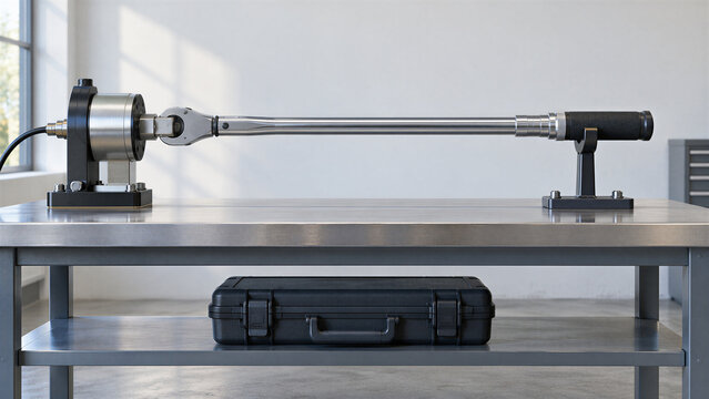 Long manual torque wrench spanning a reference transducer and separate grip brace above a closed customer case at an inactive laboratory calibration station