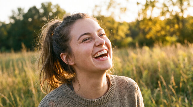 Portrait of Young Woman with Ponytail Laughing Candidly