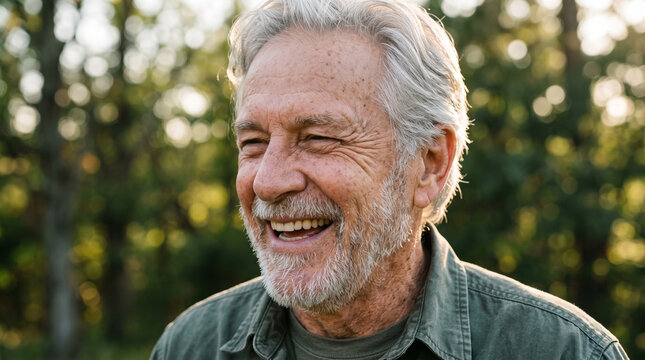 Close-Up Portrait of Older Man with Warm Laugh Outdoors