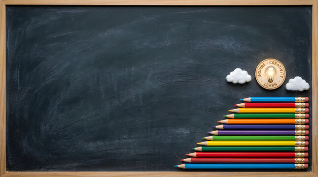 Colorful wooden pencils arranged in a row on a black school chalkboard with small paper clouds