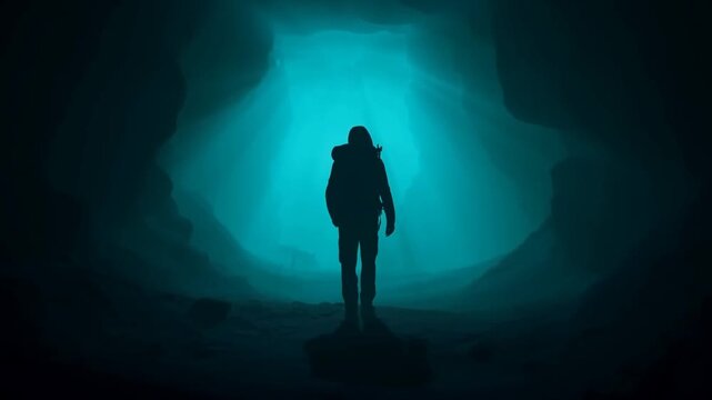 Silhouetted hiker walks through a dark cave toward glowing turquoise light with a backpack