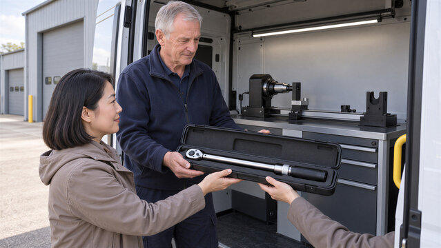 Technician returning a torque wrench in an open protective case to a customer beside the empty reference fixture inside a parked mobile calibration van