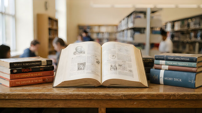 Open book lying on a wooden table in a quiet public library with bookshelves in the background