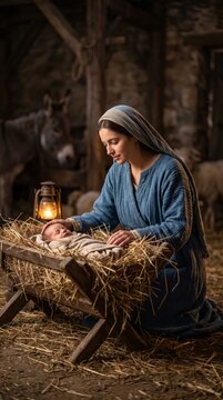 Woman tending newborn in straw-filled manger inside a stable. Nativity scene with mother and infant. Christmas story and Christian faith. Biblical birth, humility and family care.