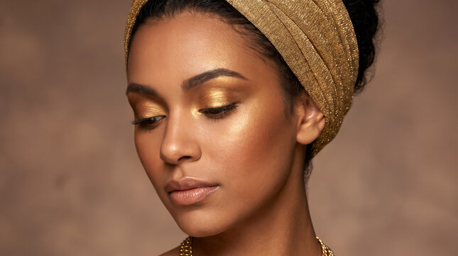 Beautiful young woman with luxury golden makeup and sparkling headband in beauty portrait. Concept of metallic makeup, gold eyeshadow, african american woman, beauty model, skincare, luxury cosmetics.