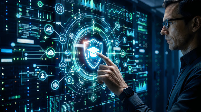 Professional man using digital screen interface for cyber security and online education protection