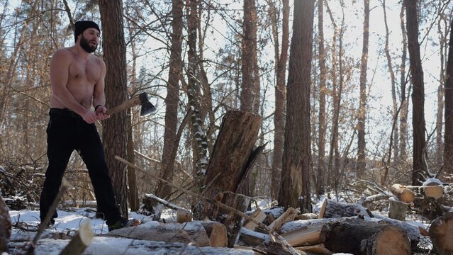 Muscular bearded guy chopping firewood in sunny winter forest. Shirtless young man working with axe in snowy woodland. Concept of strength, masculine, energy and harmony with nature during cold season