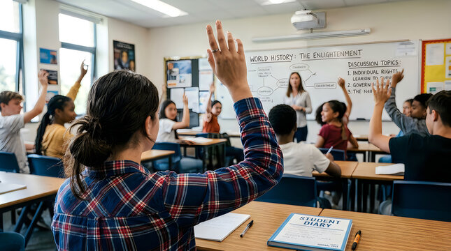 Group of diverse students raising hands to answer a question in a bright modern school classroom