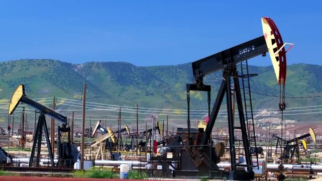 Oil pumpjacks pumping crude oil in a large oil field with green hills and blue sky in the background