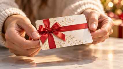 Plakat Woman hands holding elegant festive gift card with red bow for holiday shopping and celebration. Concept of gift voucher.