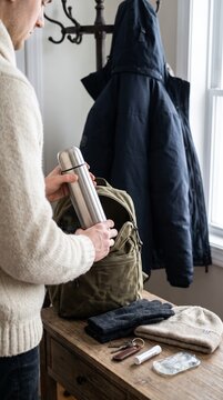 Vertical photo of a man packing thermos into backpack. Preparation for winter trip or outdoor hiking. Everyday winter accessories on wooden table