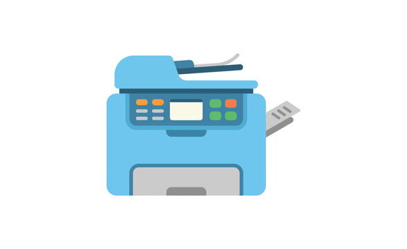 Blue all in one printer with paper tray flat vector illustration