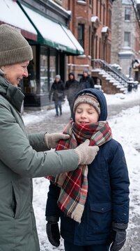 Vertical photo of a mother adjusting a plaid scarf on her son on a snowy city sidewalk. Caring parent dressing child warmly for cold winter weather