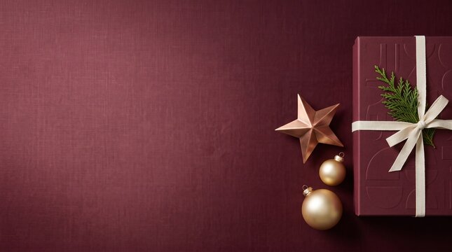 Top view of a luxury Christmas gift box on burgundy fabric background. Flat lay of holiday present with gold ornaments and copy space