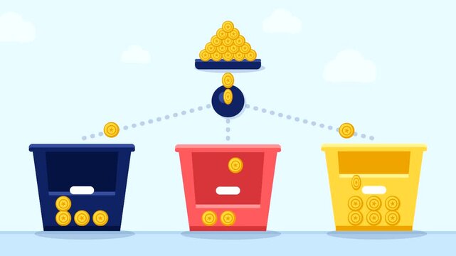 Animated Budget Allocation: Coin Pile Splitting into Three Streams Filling Colored Containers, Flat Vector Seamless Loop on Pale Blue Background