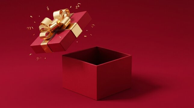 Open red gift box with golden ribbon and floating lid. Christmas present surprise concept with gold confetti on red background. Copy space for text