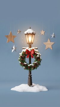 Christmas street lamp with glowing lantern and decorated wreath. Vertical illustration of vintage lamppost with snow, red bow, and hanging stars on blue background