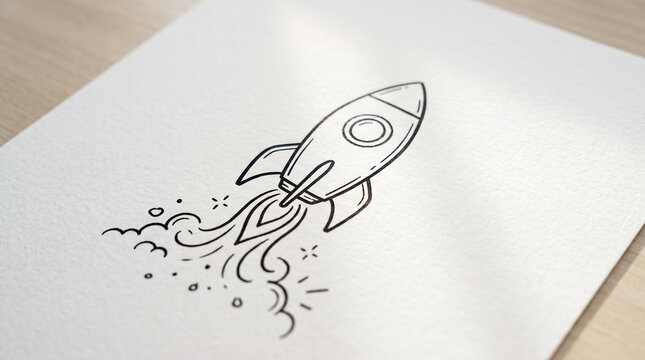 Black line drawing of cartoon rocket launch sketched on white textured paper sheet. Concept of startup, spaceship, doodle. Copy space.