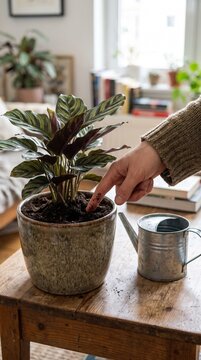 Person checking soil moisture of a potted houseplant with their finger. Hand touching dirt of a Calathea plant on a wooden table. Indoor gardening and home plant care routine
