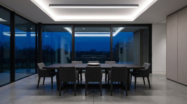 Modern luxury dining room with large wooden table and chairs. Minimalist interior design with floor to ceiling windows at dusk. Contemporary architecture home concept