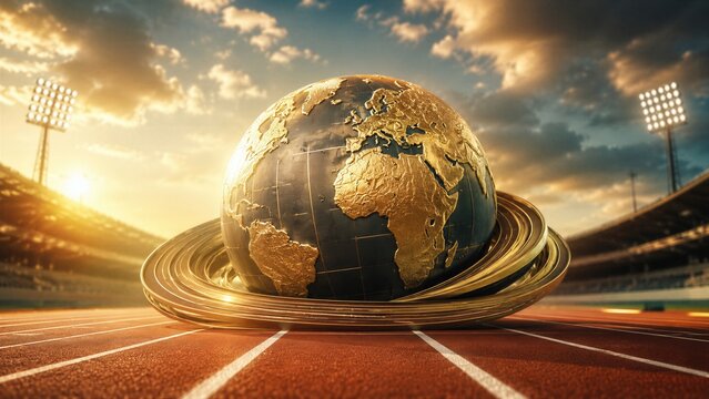 Golden globe on running track in stadium with floodlights and sunset sky. World athletics championship concept. International track and field competition. Global sport event. Copy space.