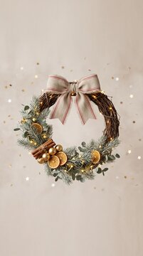 Vertical photo of a Christmas wreath with pine branches, dried orange slices, cinnamon sticks, fairy lights, and linen bow on beige background. Festive holiday decoration