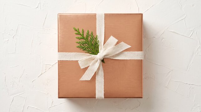 Top view of a square gift box wrapped in copper metallic paper tied with white ribbon. Minimalist holiday present flat lay with evergreen sprig on white textured background. Copy space