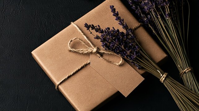 Rustic brown parcel elegantly adorned with dried lavender sprigs, presenting a calming aesthetic concept for gifting