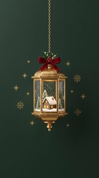 Hanging gold Christmas lantern with miniature snow covered cabin inside. Vertical illustration of a festive winter snow globe ornament on dark green background