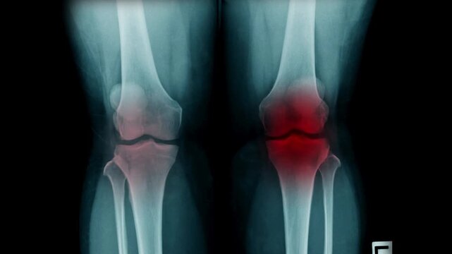 X-ray of human knee joints with red highlighted area showing knee pain and joint inflammation on dark background