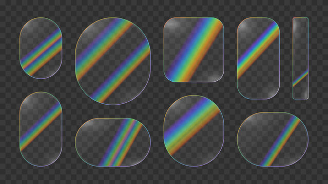 Rainbow Prism Effect Shapes: Various geometric shapes such as circles, ovals, and rounded rectangles exhibit a vibrant rainbow prism effect.