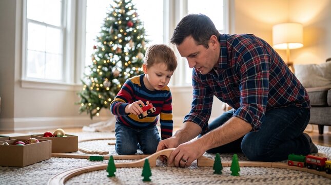 Father and son playing with wooden toy train at home near Christmas tree. Dad and child building train track together during winter holiday season