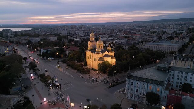 Dormition of the Theotokos Cathedral illuminated at twilight in Varna Bulgaria