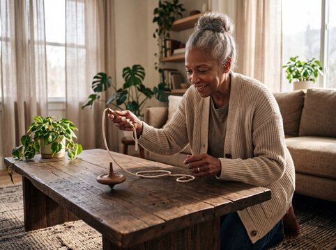 Graceful Senior Black Woman Demonstrating Traditional Wooden Top Spinning Indoors