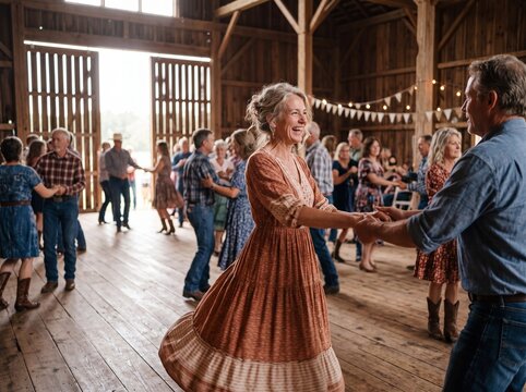 Joyful Mature Woman Dancing Square Dance in Rustic Barn