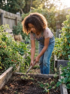 Young Hispanic Girl Tending Countryside Vegetable Garden Under Warm Golden Afternoon Sunlight