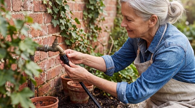 Senior Woman Connecting Drip Irrigation System Hose to Outdoor Water Spigot