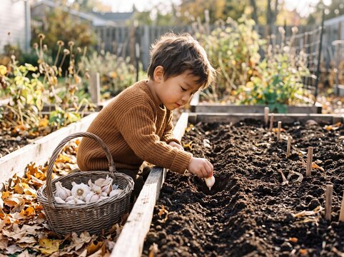 Young Southeast Asian Boy Planting Garlic Cloves in Autumn Garden