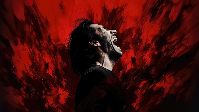 Man expressing intense emotion with mouth open and head tilted back. Athlete shouting in victory or pain. Dramatic concept of extreme psychological strain energy.