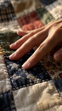 Hand gently strokes patchwork quilt with floral fabric squares and raised stitching, moving across navy blue, cream and green sections in warm light with softly blurred background